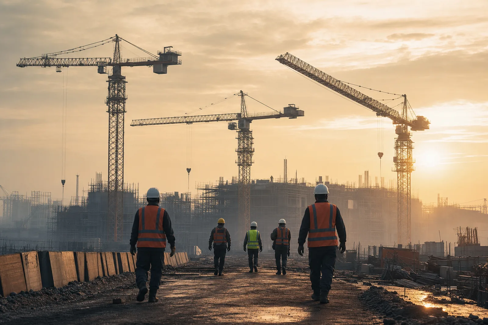 Construction workers walking on to site at dawn, illustrating The Mavens Bridge paid rotational apprenticeship in construction risk and safety